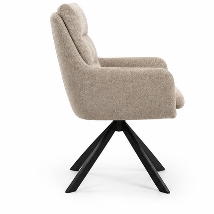 Zes draaibare eetkamerstoelen met armleuningen, gestoffeerde zitting, hoge rugleuning en zwarte metalen poten in licht taupe, donkerbruin, crèmewit, antracietgrijs, zandbeige en cognac.