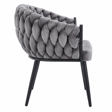 Drie luxe fluwelen eetkamerstoelen met armleuningen in beige, donkergroen en grijs, met gevlochten kuiprugleuning en zwarte metalen poten – Model G.