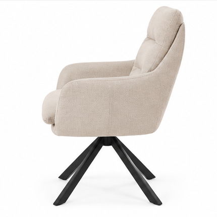 Zes draaibare eetkamerstoelen met armleuningen, gestoffeerde zitting, hoge rugleuning en zwarte metalen poten in licht taupe, donkerbruin, crèmewit, antracietgrijs, zandbeige en cognac.