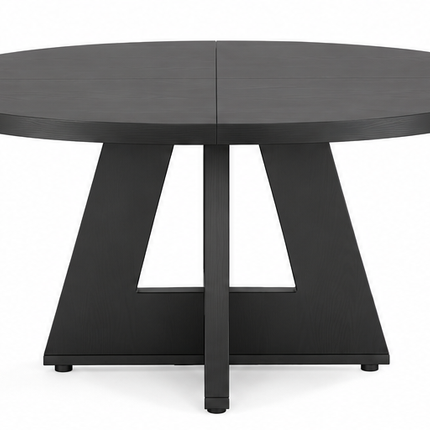 Ronde eettafel 120 cm met walnoot houtlook, rond houten tafelblad en modern geometrisch onderstel, vooraanzicht op witte achtergrond.