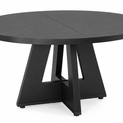 Ronde eettafel 120 cm met walnoot houtlook, rond houten tafelblad en modern geometrisch onderstel, vooraanzicht op witte achtergrond.