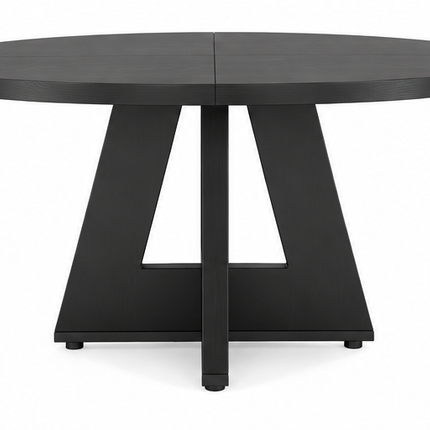 Ronde eettafel 120 cm met walnoot houtlook, rond houten tafelblad en modern geometrisch onderstel, vooraanzicht op witte achtergrond.