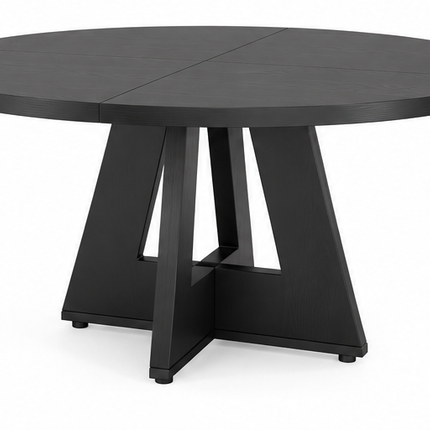 Ronde eettafel 120 cm met walnoot houtlook, rond houten tafelblad en modern geometrisch onderstel, vooraanzicht op witte achtergrond.
