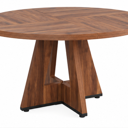 Ronde eettafel 120 cm met walnoot houtlook, rond houten tafelblad en modern geometrisch onderstel, vooraanzicht op witte achtergrond.