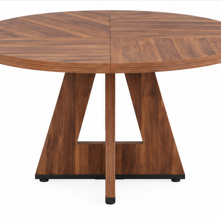 Ronde eettafel 120 cm met walnoot houtlook, rond houten tafelblad en modern geometrisch onderstel, vooraanzicht op witte achtergrond.