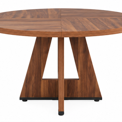 Ronde eettafel 120 cm met walnoot houtlook, rond houten tafelblad en modern geometrisch onderstel, vooraanzicht op witte achtergrond.