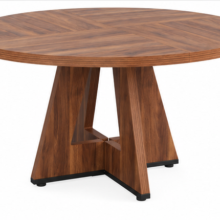 Ronde eettafel 120 cm met walnoot houtlook, rond houten tafelblad en modern geometrisch onderstel, vooraanzicht op witte achtergrond.