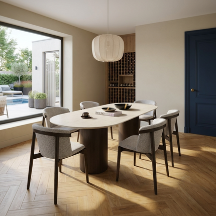 Melamine Eettafel Soft moon Grey – Plat ovaal - Columbus Walnut Brown 2x