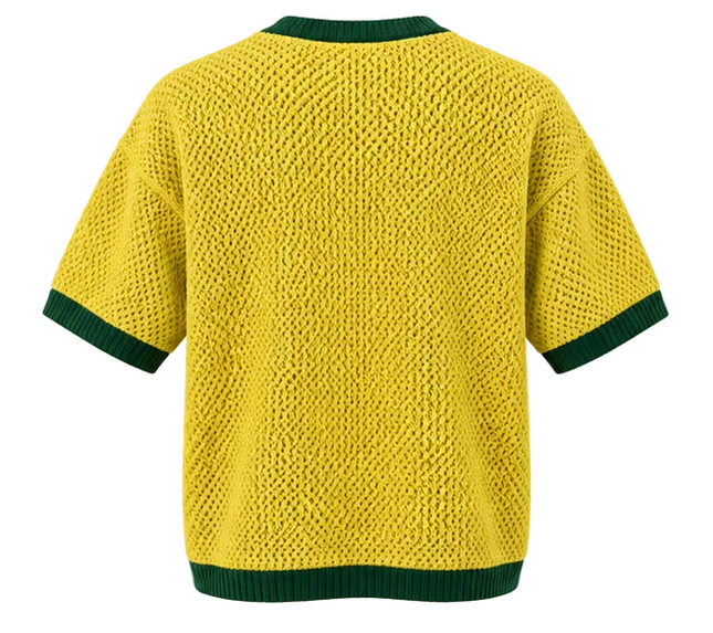 Sportieve gebreide heren zomertrui met korte mouwen, V-hals, opengewerkt breisel, geometrisch kleurblokdesign en nummerprint van JANE DRESSINGLOG.