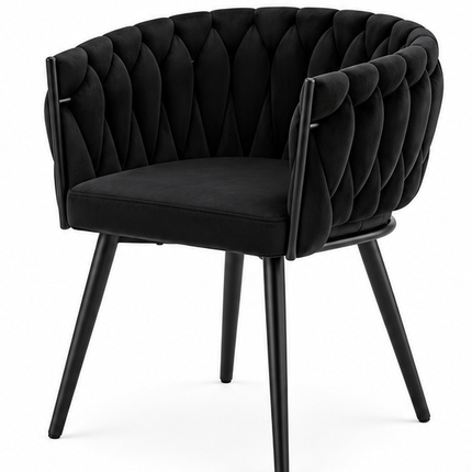Set van 2 zwarte fluwelen eetkamerstoelen met gevlochten rugleuning, armleuningen en zwarte metalen poten.