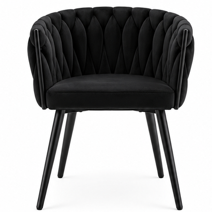 Set van 2 zwarte fluwelen eetkamerstoelen met gevlochten rugleuning, armleuningen en zwarte metalen poten.